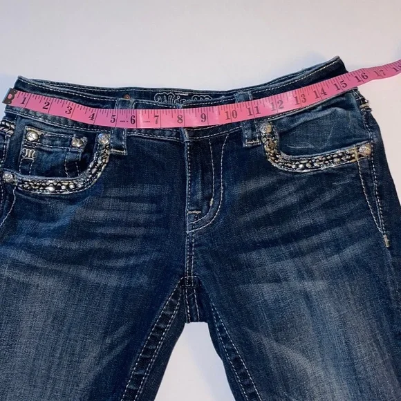 MISS ME 27 Signature Boot-cut distressed 5 Pocket Jeans Low Rise Factory Fading - Picture 5 of 16